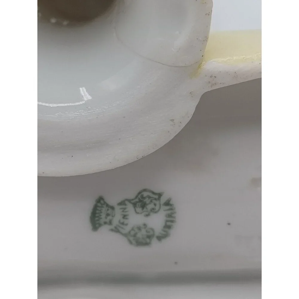 Rare Bavarian Porcelain Hat Pin Holder With Attached Trinket Dish Green & Yellow